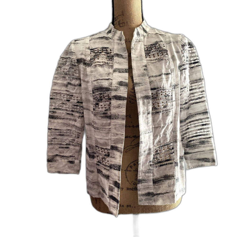 Chico's Open Front Jacket White Gray Heathered Cotton 3/4 Sleeves Size 1 Medium